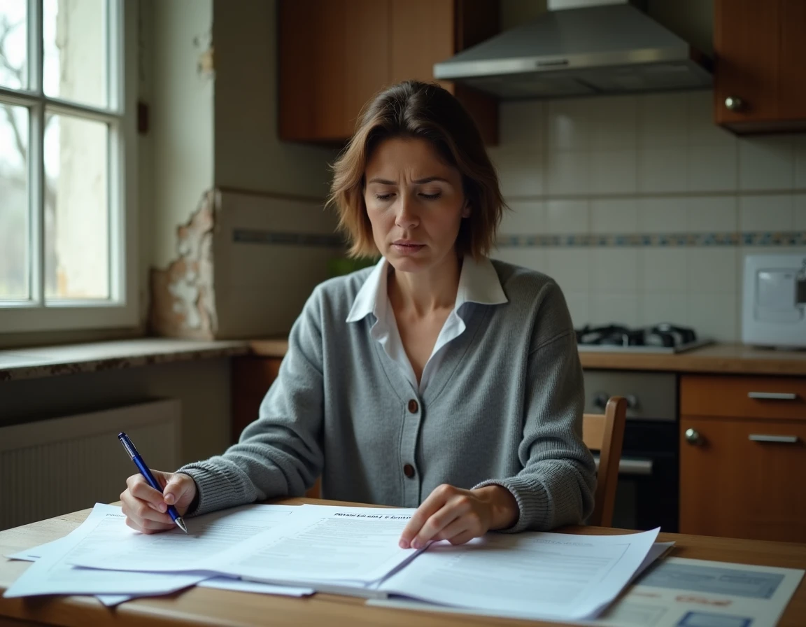 Locataire femme examinant des documents de bail dans un logement indécent aux murs dégradés