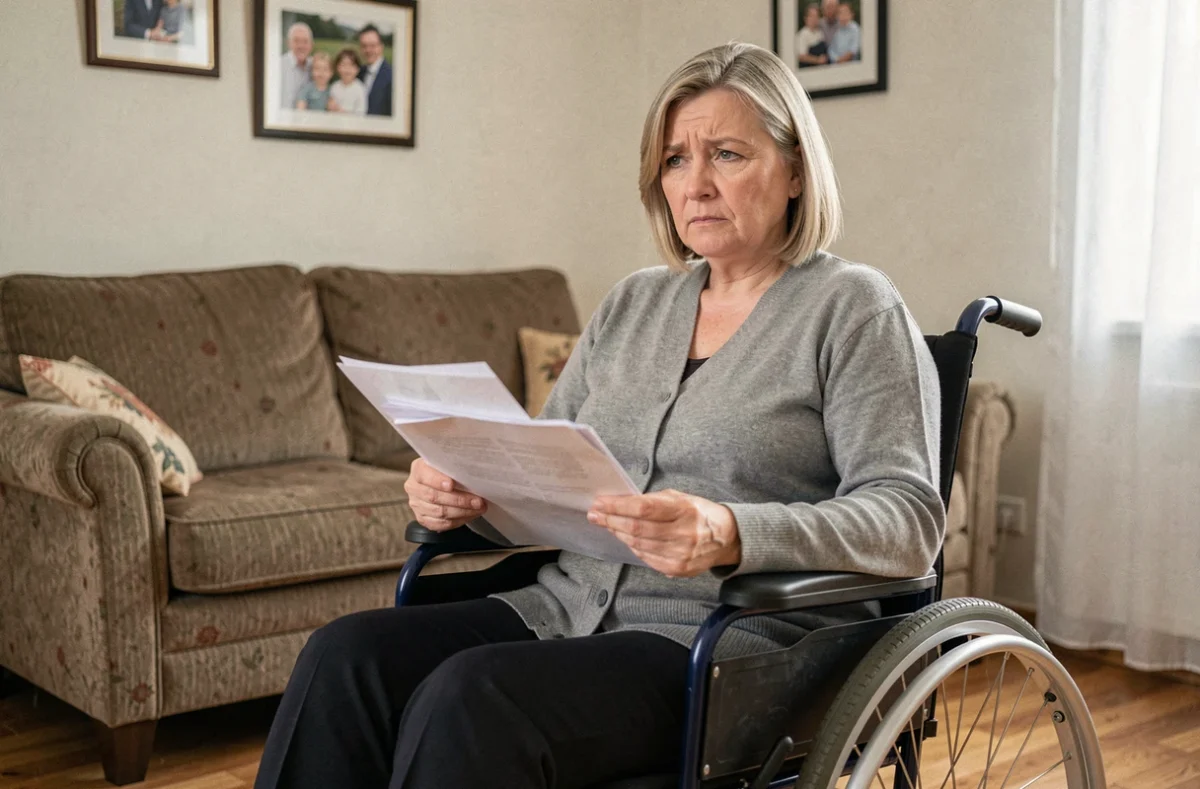 Femme en fauteuil roulant tenant des documents juridiques dans son appartement, illustrant la protection du locataire handicapé contre l'expulsion