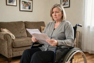 Femme en fauteuil roulant tenant des documents juridiques dans son appartement, illustrant la protection du locataire handicapé contre l'expulsion