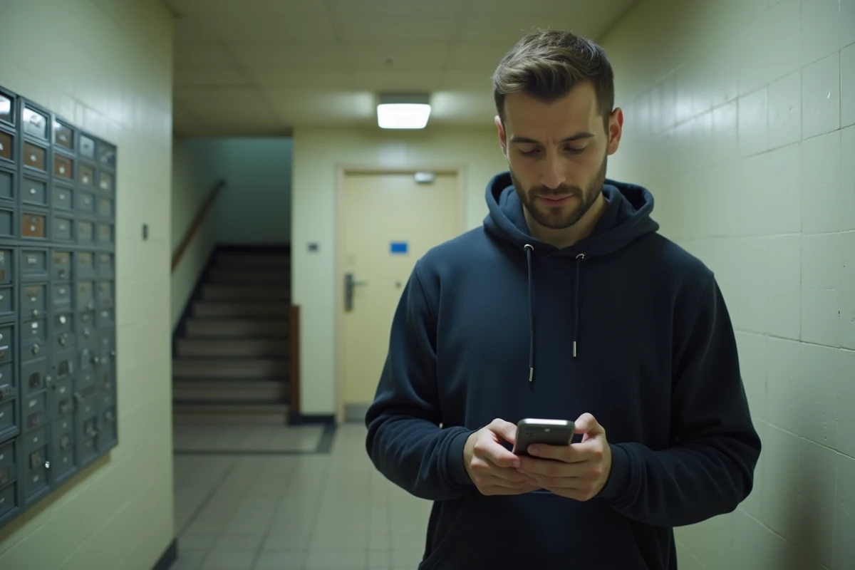 Locataire HLM consultant des annonces de mutation sur son smartphone dans le couloir d'un immeuble social