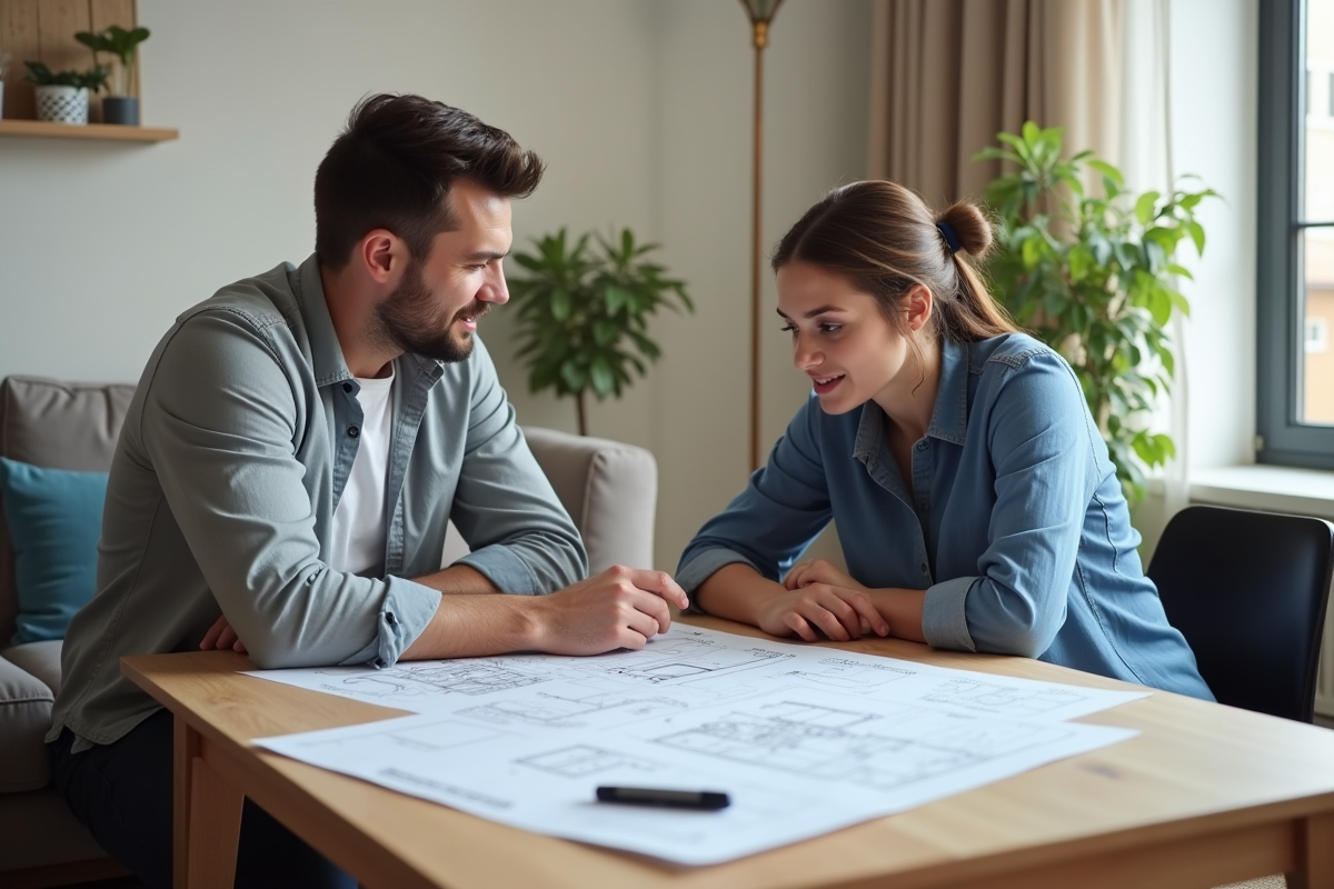 Locataire et propriétaire discutant plans et réparations dans un salon lumineux