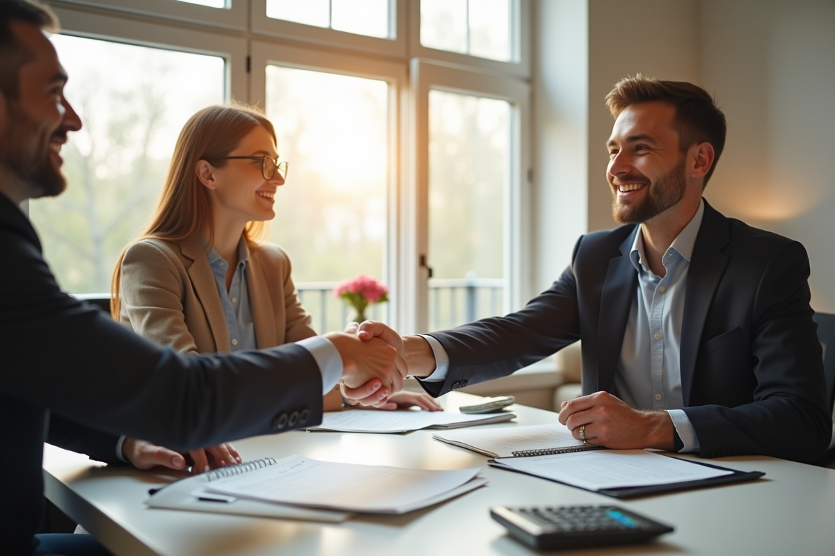 Propriétaire et locataire souriants dans un appartement lumineux