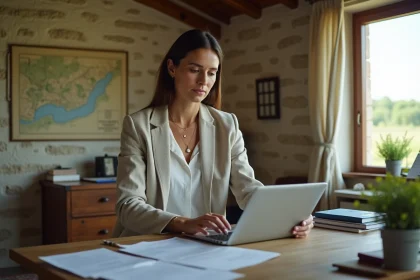 Femme examinant des documents de location immobilière dans un bureau en pierre typique de la Creuse