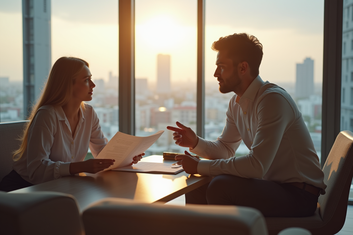 Propriétaire et locataire discutant dans un salon lumineux