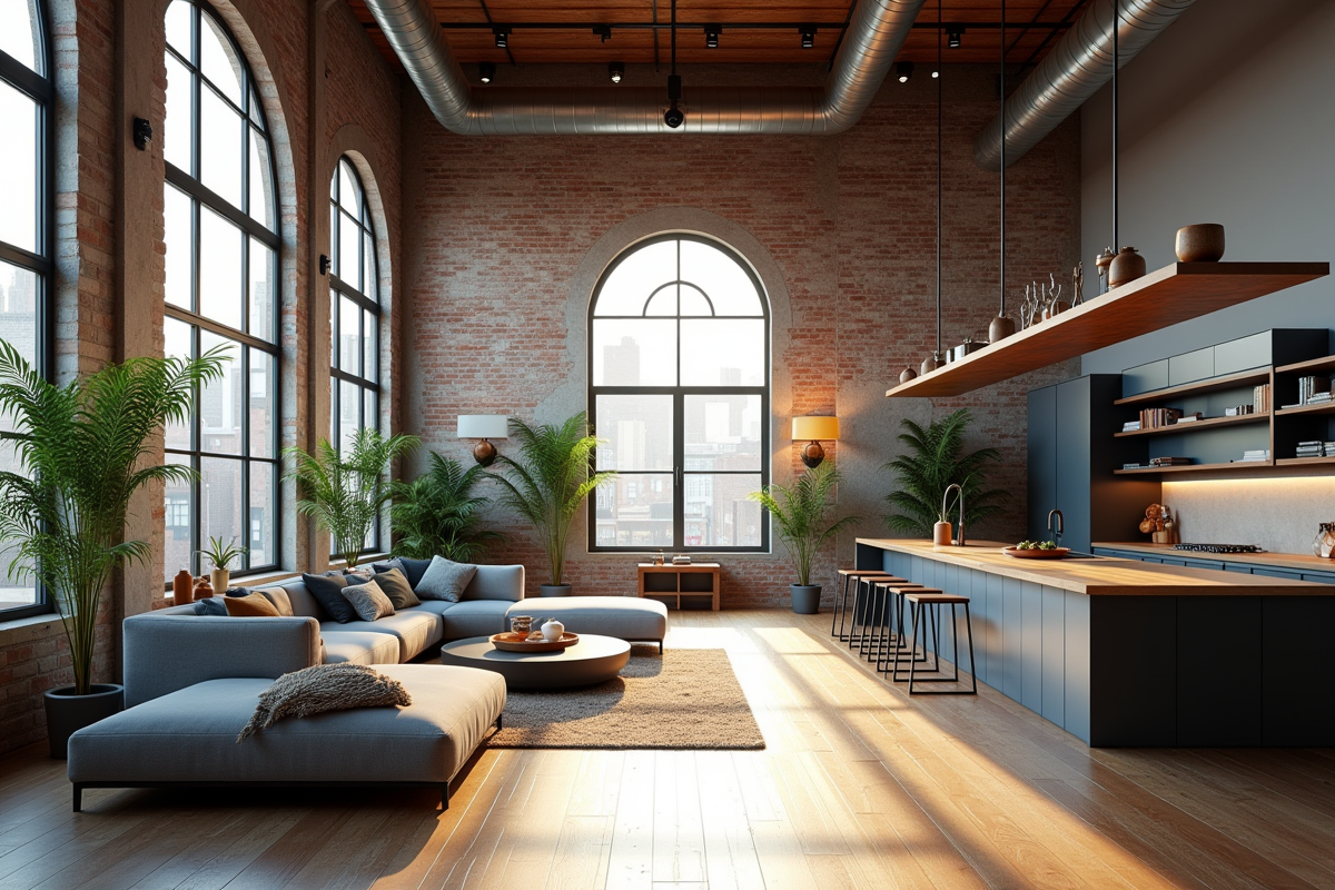 Loft moderne avec murs en briques et grandes fenêtres