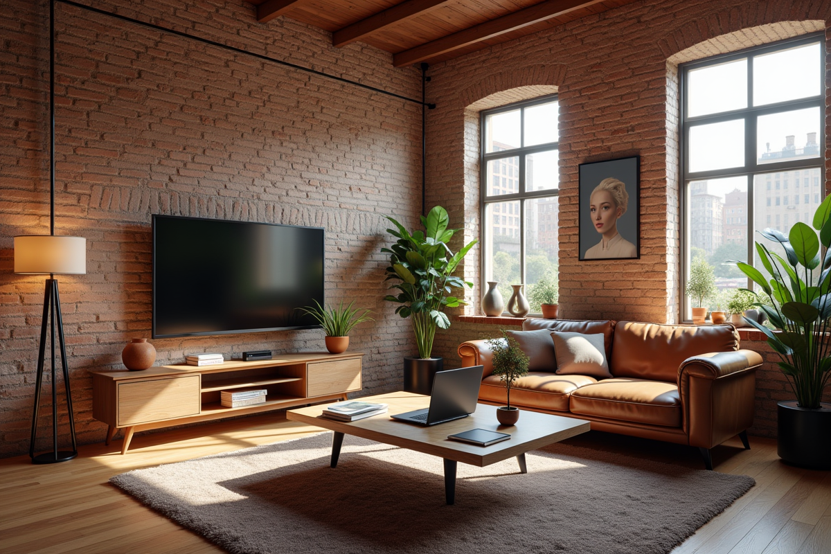 Loft rénové avec murs en briques et lumière naturelle