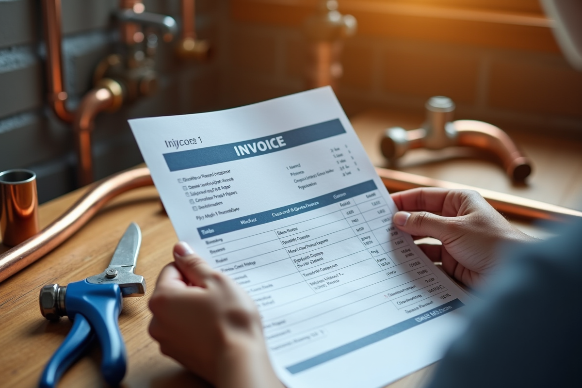 Main de plombier tenant une facture avec outils et tuyaux en arrière-plan