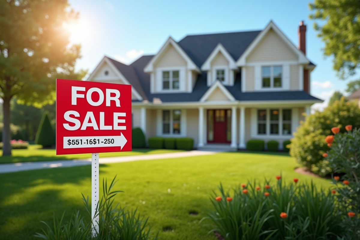 Maison traditionnelle avec jardin et panneau de vente en promotion