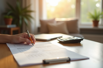 Maison moderne avec document d'impots et calculatrice sur table lumineuse