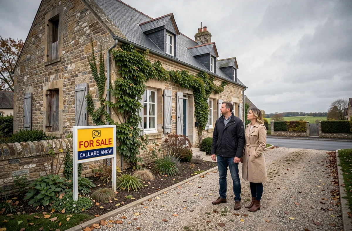 Couple devant une maison normande à vendre suite à un divorce en Calvados avec panneau immobilier