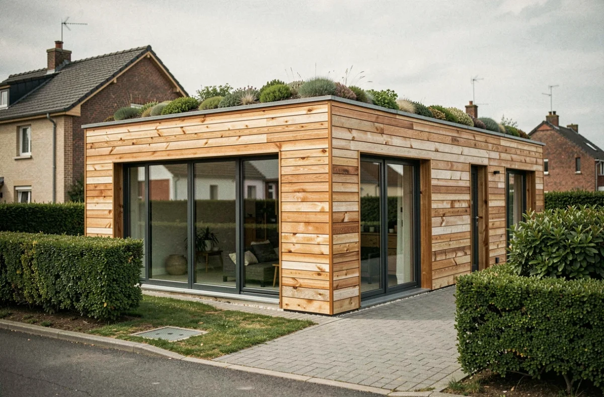 Maison ossature bois avec bardage en mélèze finition haut de gamme dans un quartier résidentiel