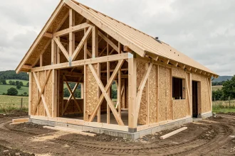Maison à ossature bois en cours de construction avec charpente apparente en milieu rural