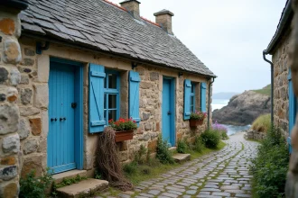 Petite maison de pêcheur en pierre avec volets bleus à vendre en Bretagne, vue extérieure depuis la rue