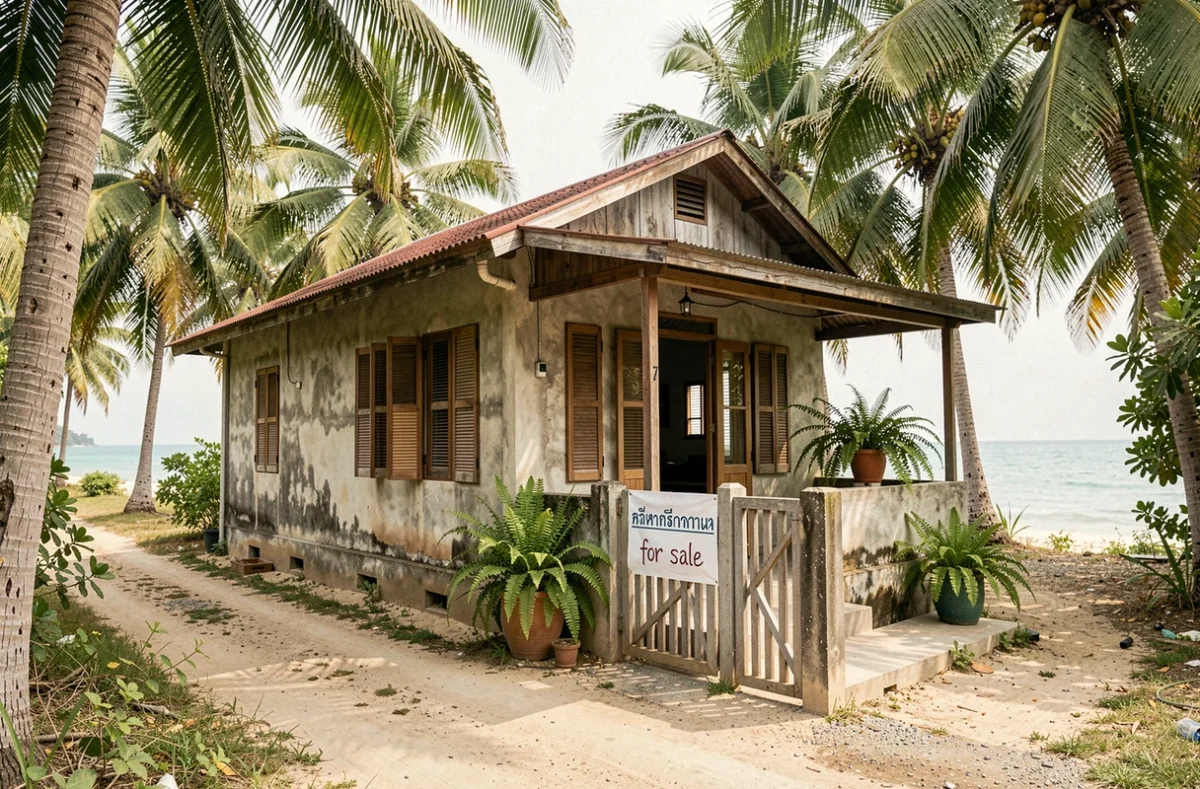 Maison modeste à vendre près de la mer en Thaïlande avec panneau de vente traditionnel dans un village côtier
