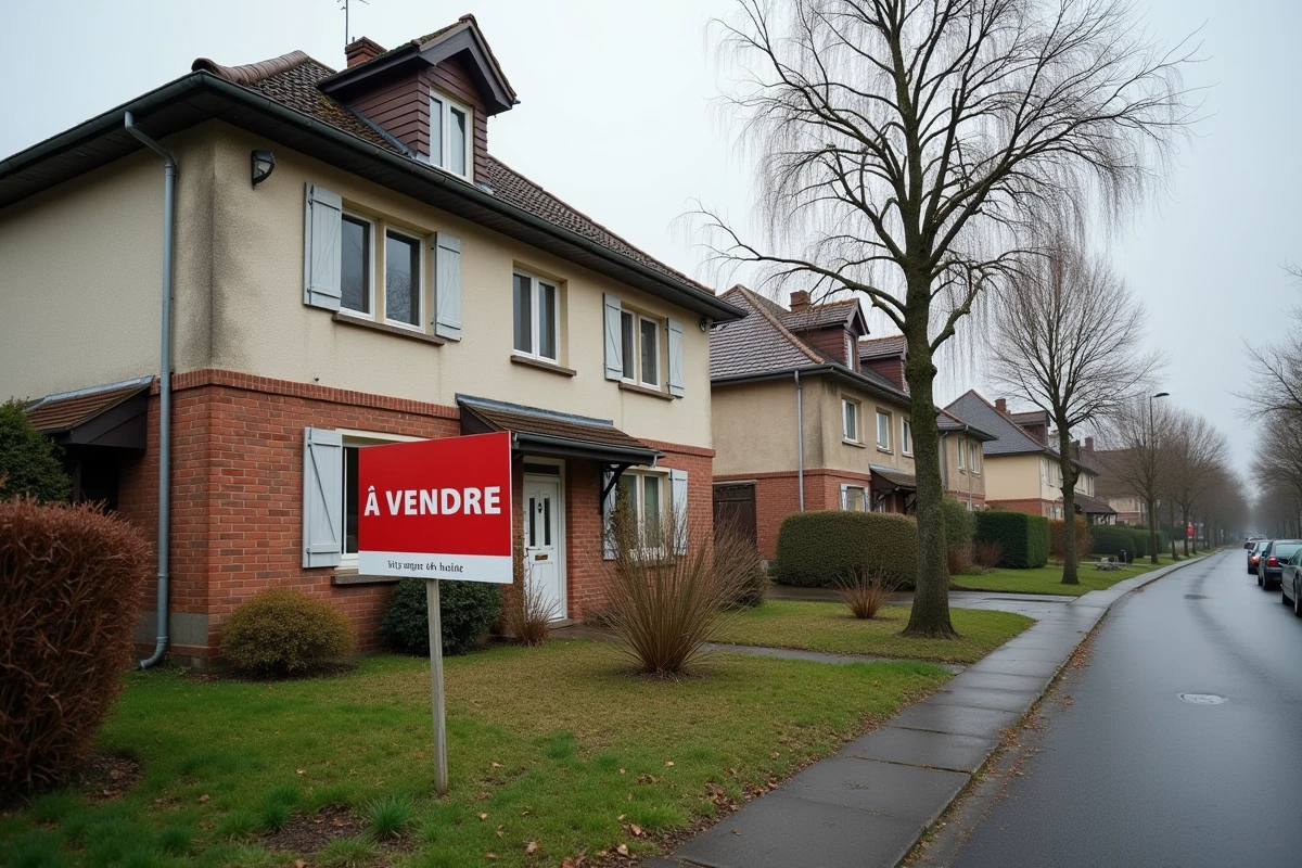 Maison à vendre en urgence en Moselle avec panneau de vente dans le jardin lors d'une procédure de divorce