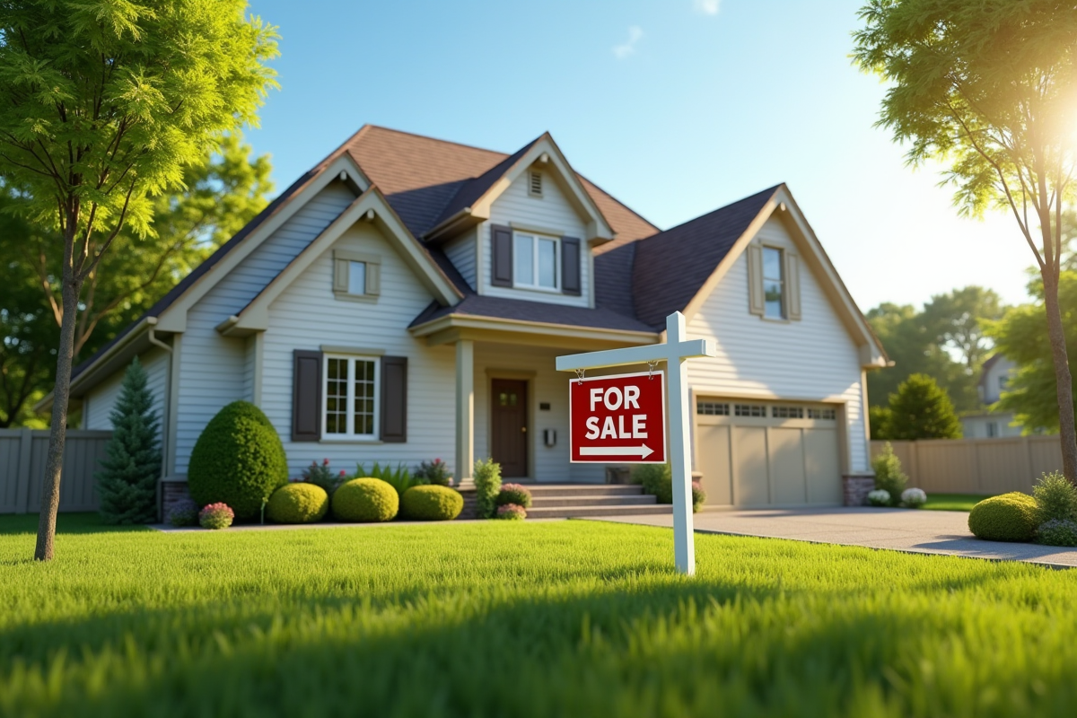 Maison en vente avec panneau devant et jardin verdoyant