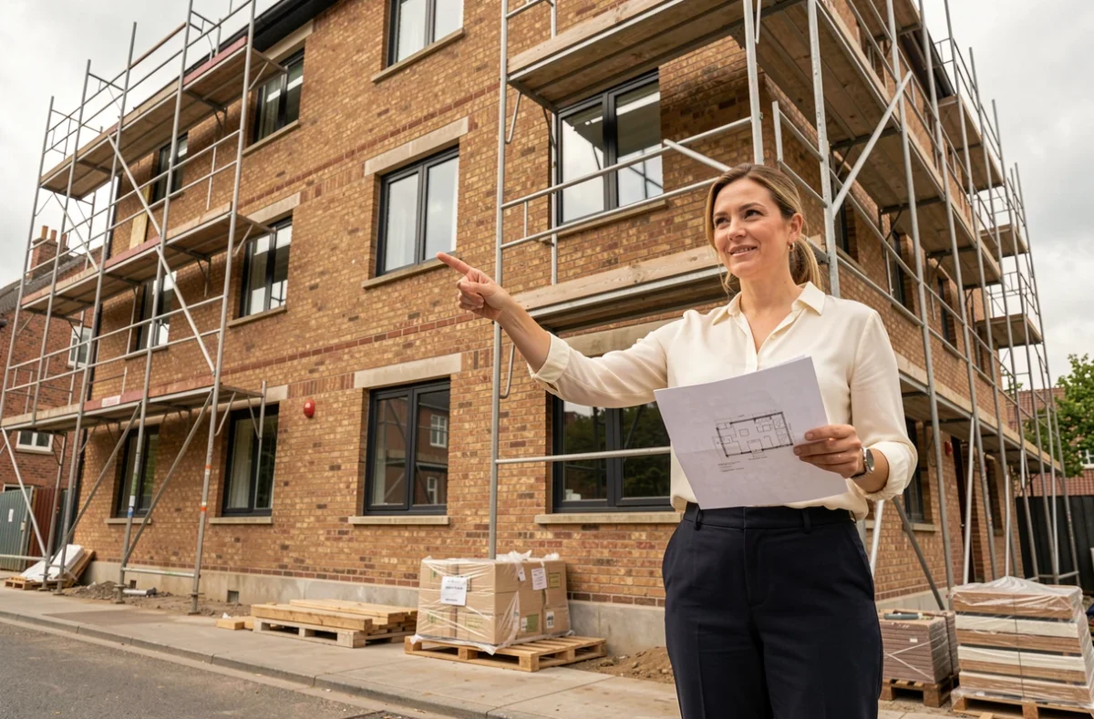 Marchande de biens supervisant un chantier de rénovation immobilière avec impact sur le cash-flow