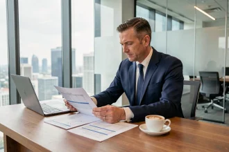 Marchand de biens analysant des documents financiers liés à la TVA immobilière dans un bureau moderne