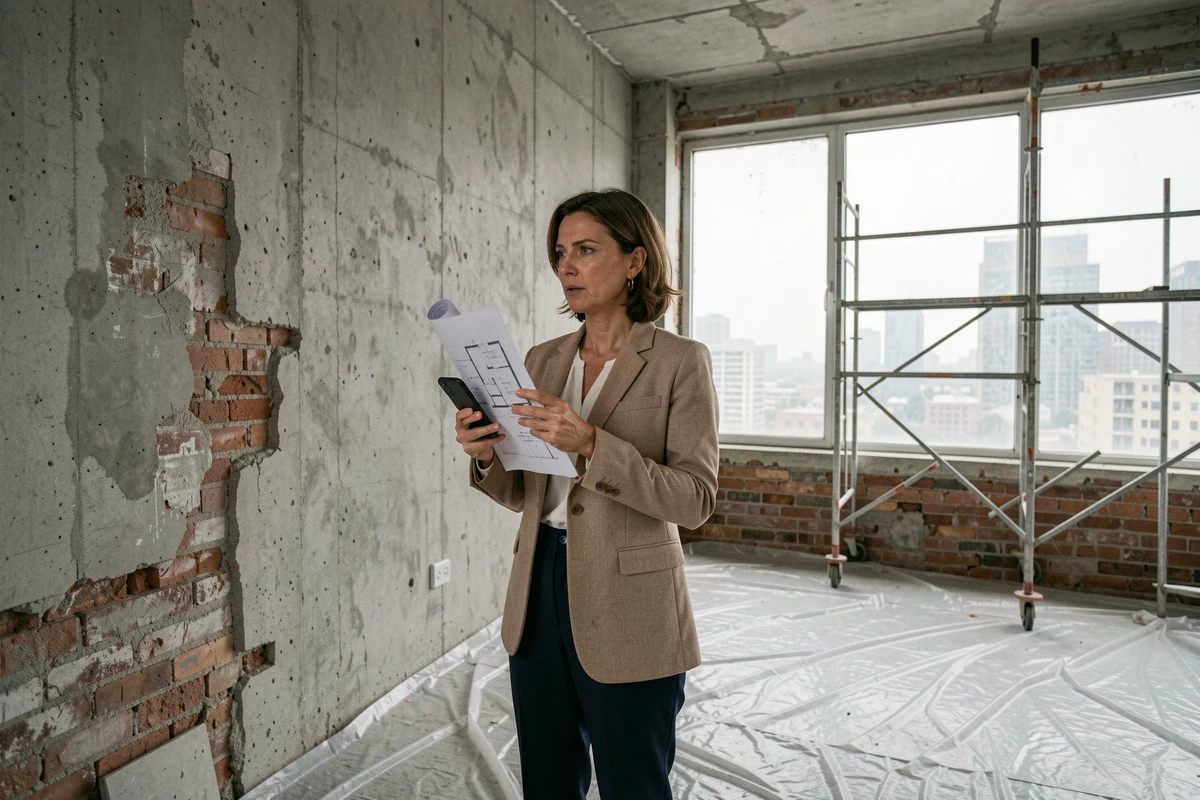 Marchande de biens inspectant un appartement en rénovation avec des plans architecturaux à la main