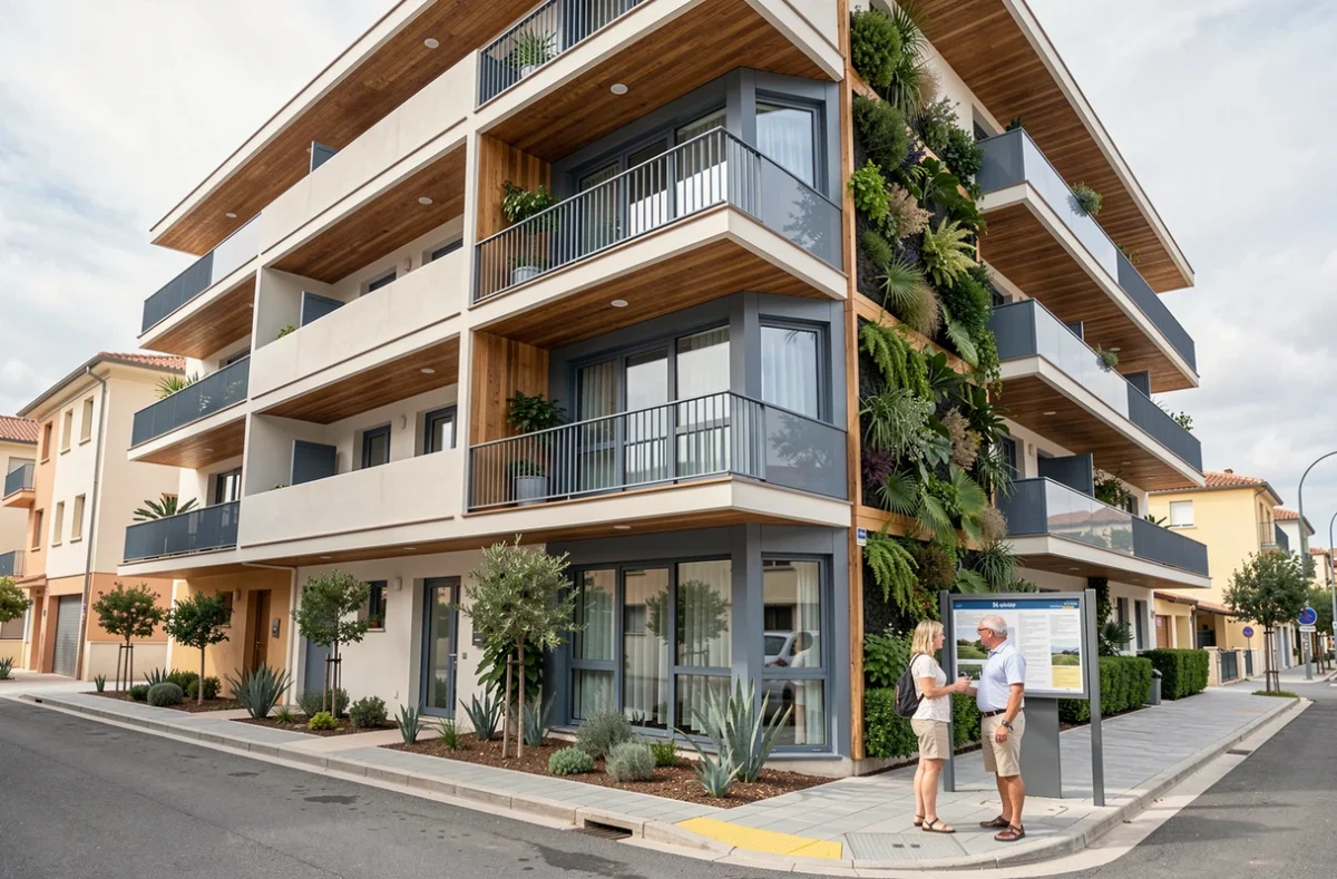 Immeuble Marignan en bord de mer près de Marseille avec façade végétalisée et balcons en bois