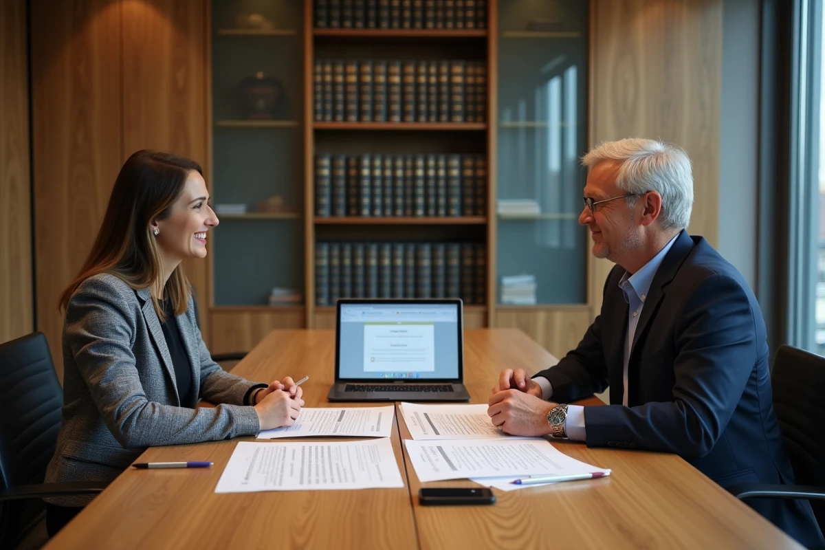 Deux professionnels examinant un rapport de diagnostic de bail commercial dans un bureau de notaire lors d'une cession