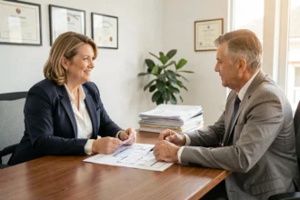 Femme négociant la vente d'une maison avec un agent immobilier lors d'un divorce en Calvados