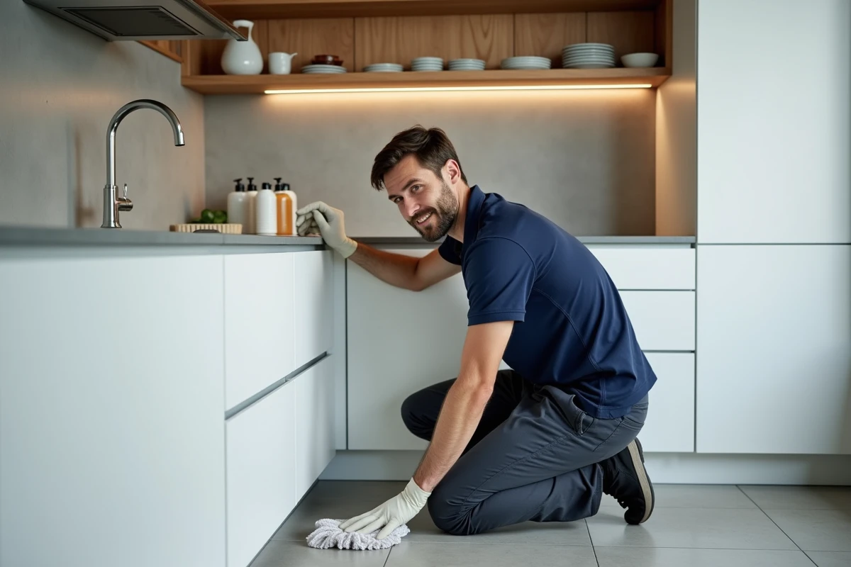 Homme nettoyant minutieusement les façades de cuisine dans un appartement Airbnb moderne entre deux locations