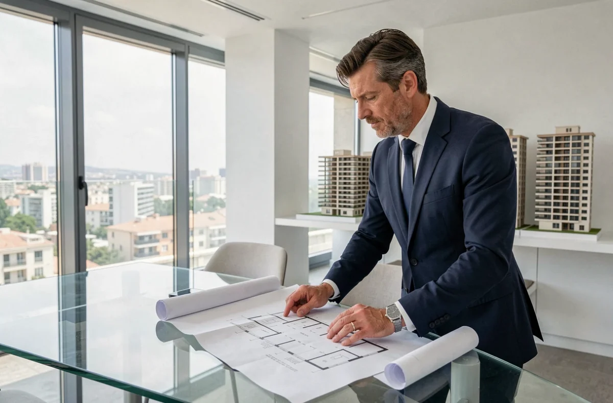 Responsable de projet Nexity dans un bureau moderne à Marseille examinant des plans de programme résidentiel neuf