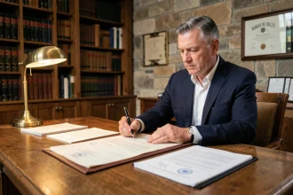 Notaire en costume marine signant un acte immobilier dans un bureau classique avec étagères juridiques