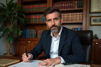 Notaire signant un acte de vente immobilier pour un terrain à construire ou une maison neuve