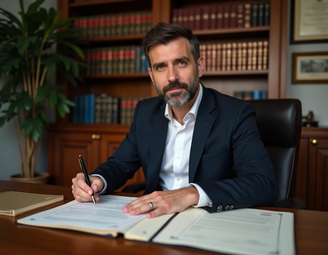 Notaire signant un acte de vente immobilier pour un terrain à construire ou une maison neuve