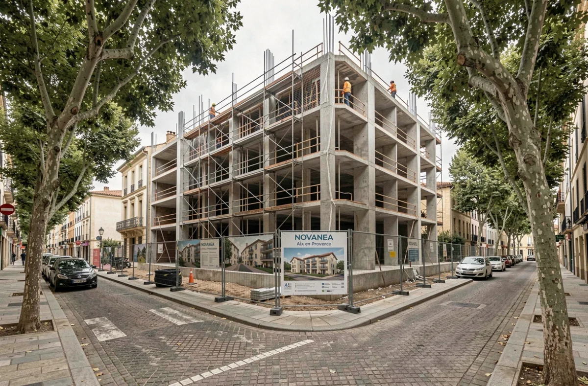 Chantier de construction d'un programme Novanea à Aix-en-Provence avec squelette en béton et panneau de présentation du projet