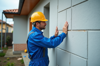 Ouvrier en combinaison bleue posant des panneaux d'isolation