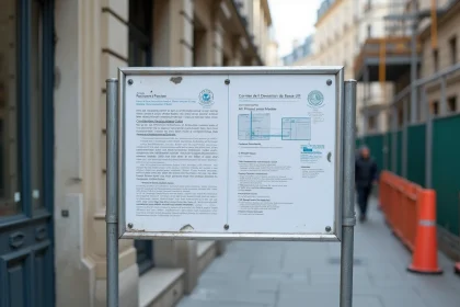 Panneau de permis de construire affiché sur un chantier urbain parisien avec informations réglementaires