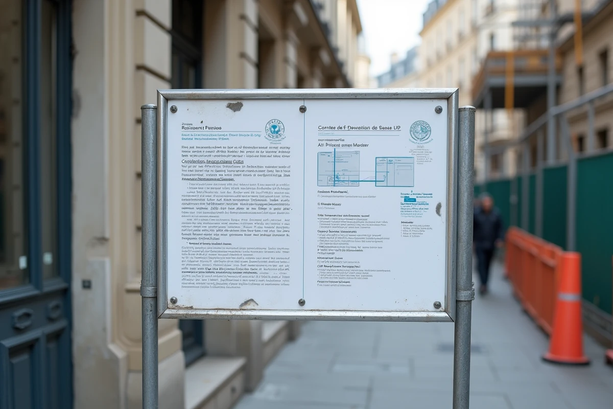 Panneau de permis de construire affiché sur un chantier urbain parisien avec informations réglementaires