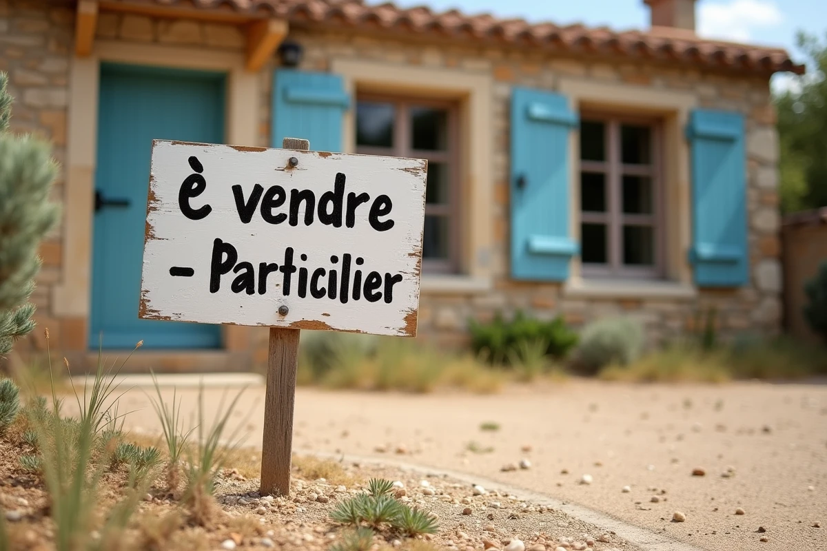 Panneau À Vendre de particulier devant une maison en pierre typique du Gard avec volets bleus et jardin en garrigue