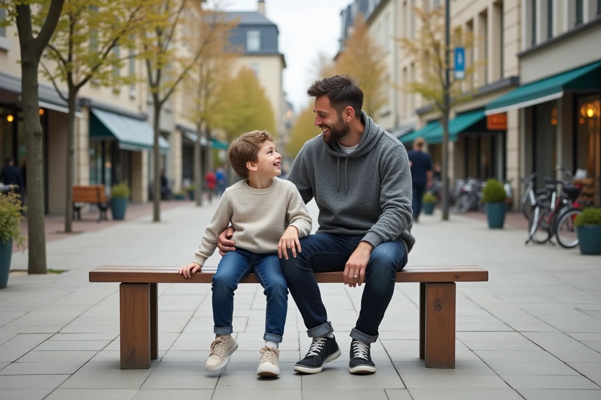 Père et fils riant dans une place urbaine moderne