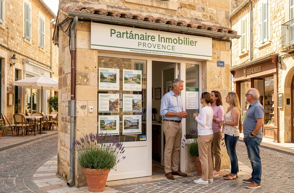 Agence Partenaire Immobilier Provence dans un village ensoleillé des Bouches-du-Rhône avec un agent accueillant des clients