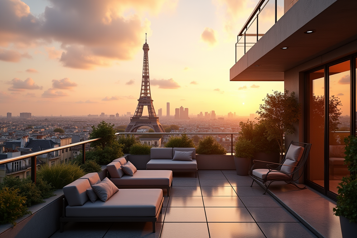 Terrasse de penthouse parisien avec vue sur la tour Eiffel