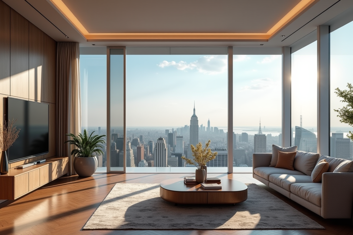 Agent immobilier montrant un penthouse moderne avec vue panoramique