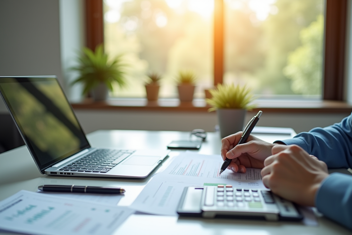 Personne dans un bureau moderne examine des documents de prêt immobilier