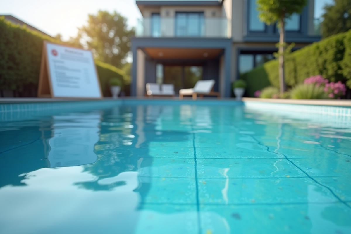 Piscine hors sol avec eau bleue claire et documents légaux à côté