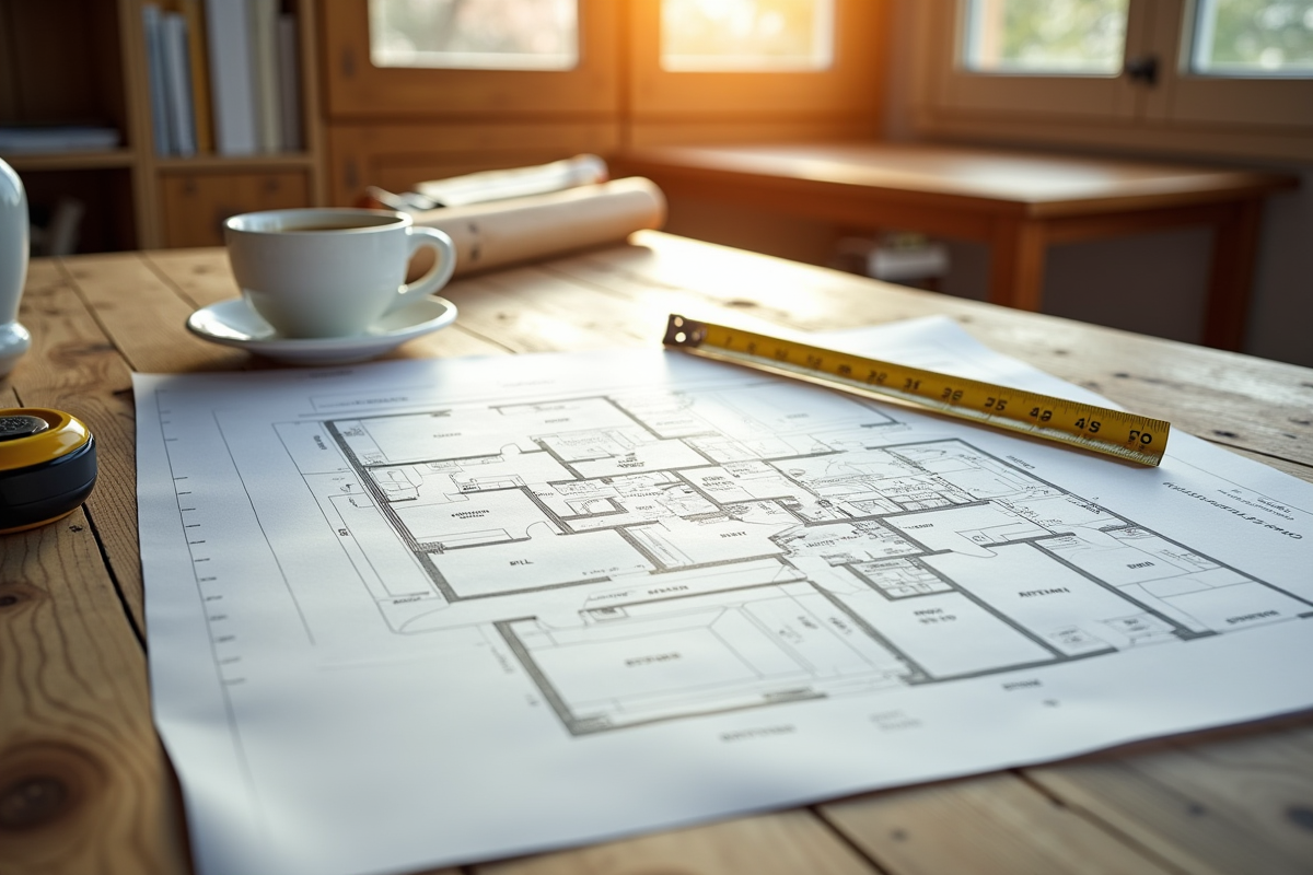 Plan d architecture sur une table en bois avec outils de construction