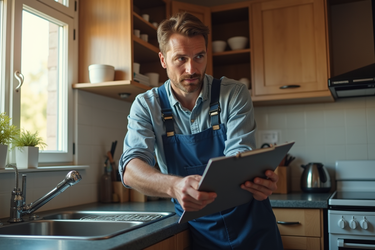 Plombier professionnel inspectant des vieux tuyaux sous l'évier de cuisine