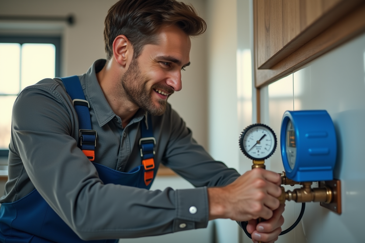 Plombier confiant inspectant un compteur d'eau moderne
