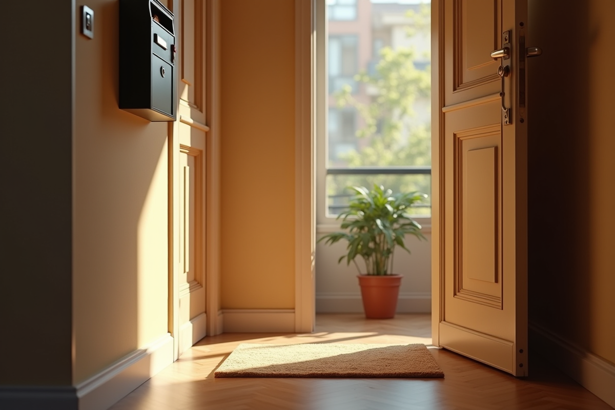 Porte d appartement entrouverte avec boîte aux lettres et paillasson