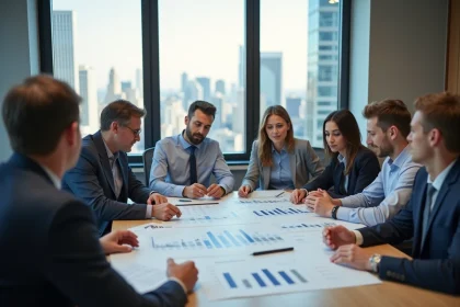 Groupe de professionnels en r&eacute;union d'&eacute;tude immobili&egrave;re