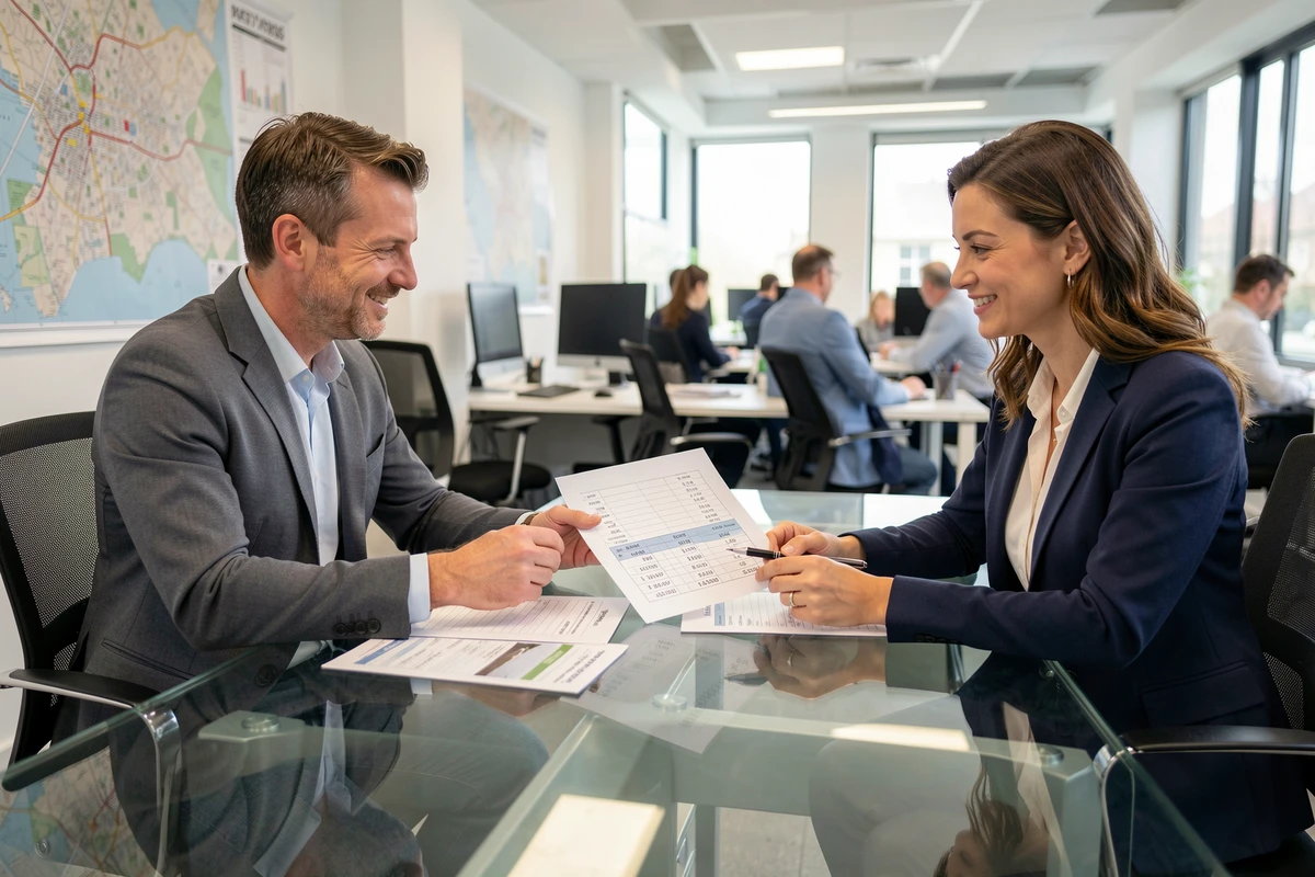 Deux professionnels de l'immobilier analysant des tableaux de frais notariaux et de marges de revente rapide