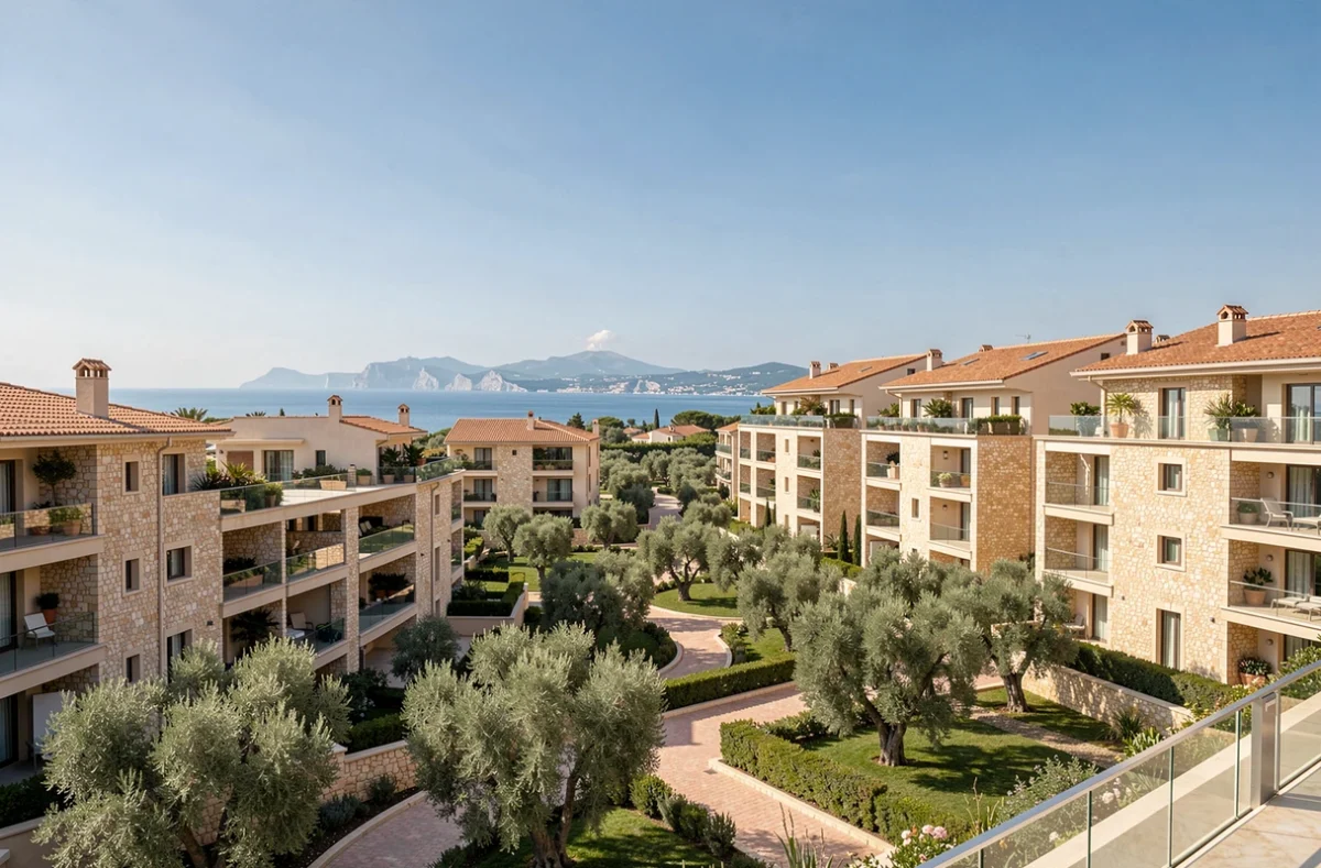 Vue panoramique d'un programme immobilier neuf dans les Bouches-du-Rhône avec des bâtiments modernes et un paysage méditerranéen