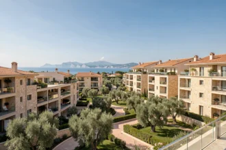 Vue panoramique d'un programme immobilier neuf dans les Bouches-du-Rhône avec des bâtiments modernes et un paysage méditerranéen